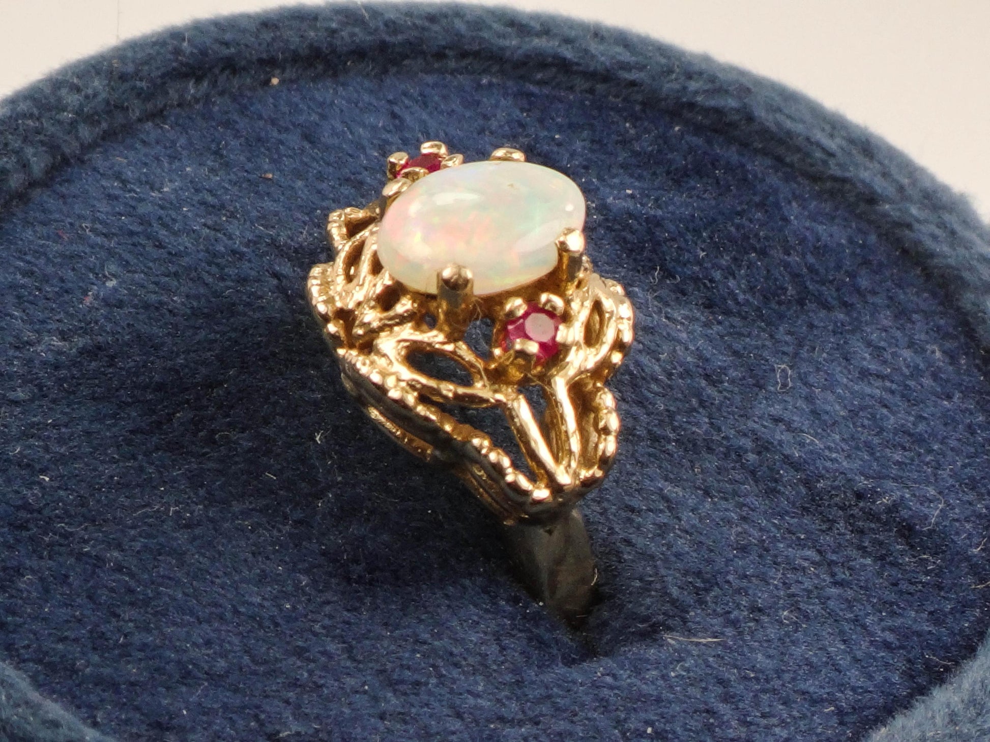 Vintage 14k Yellow Gold Genuine Opal Ring with Rubies October Birthstone Size 6.25
