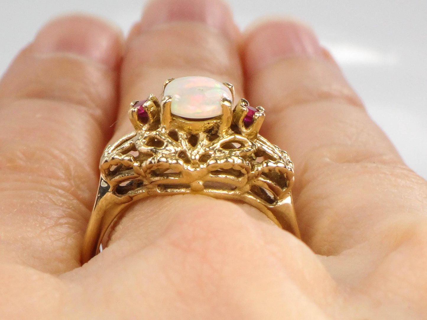 Vintage 14k Yellow Gold Genuine Opal Ring with Rubies October Birthstone Size 6.25