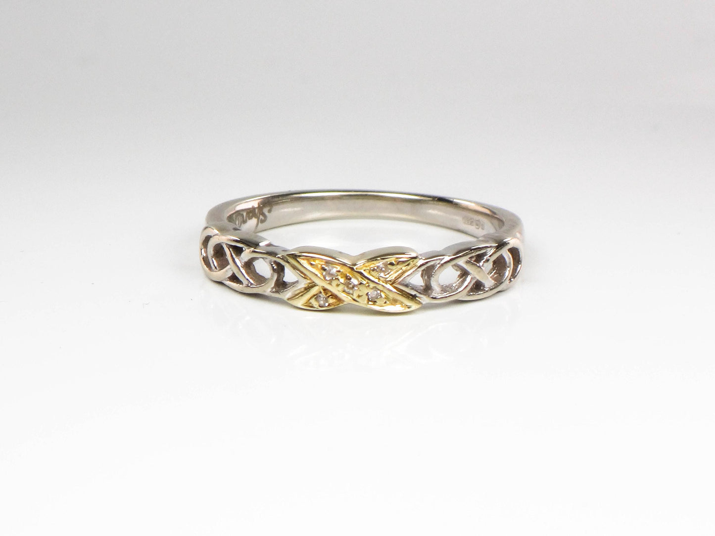 Two Tone Gold Diamond Wedding Band - Vintage Solid 14k Thin Irish Celtic Design Ring Size 7 - Fine Jewelry