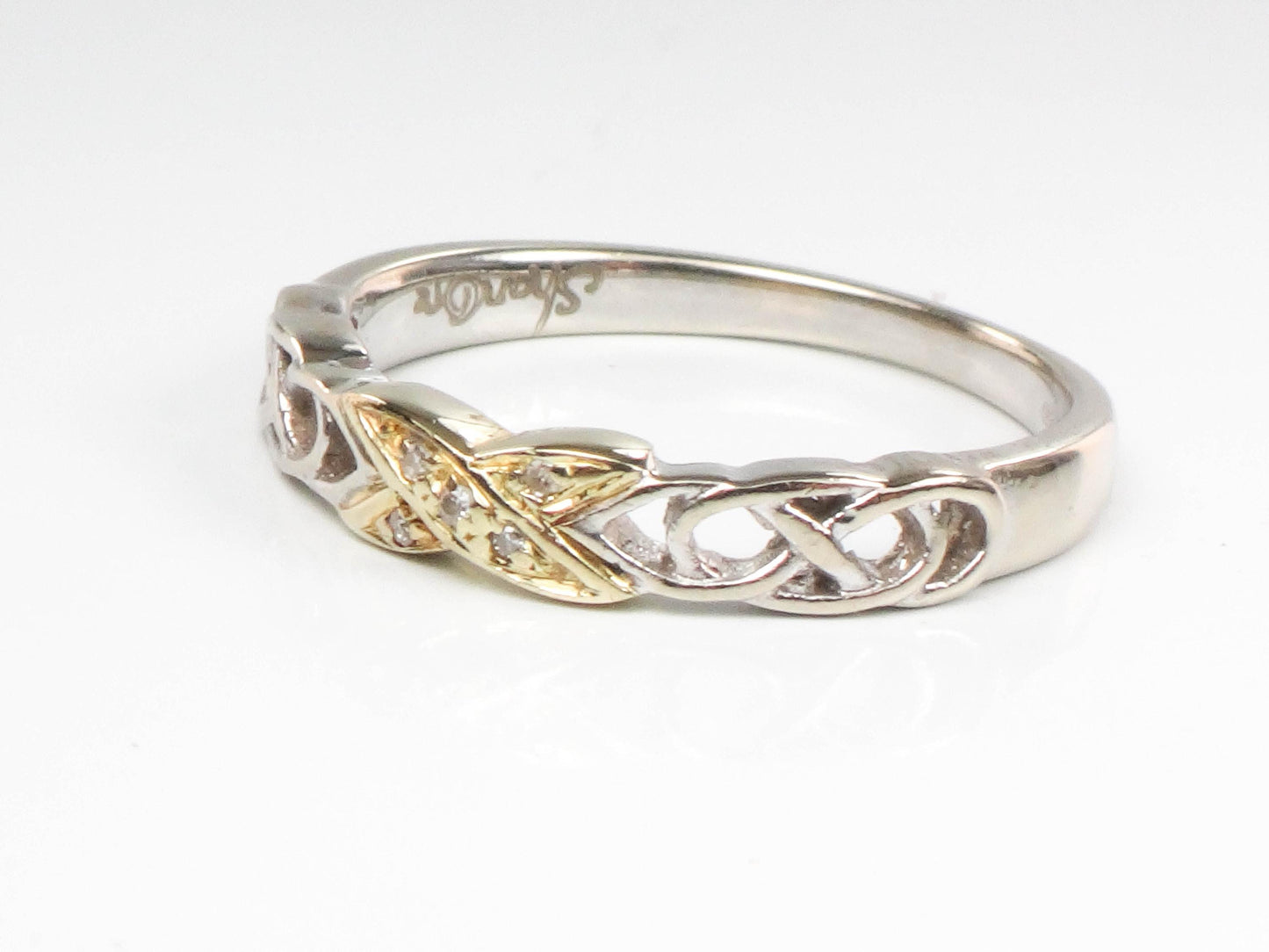 Two Tone Gold Diamond Wedding Band - Vintage Solid 14k Thin Irish Celtic Design Ring Size 7 - Fine Jewelry