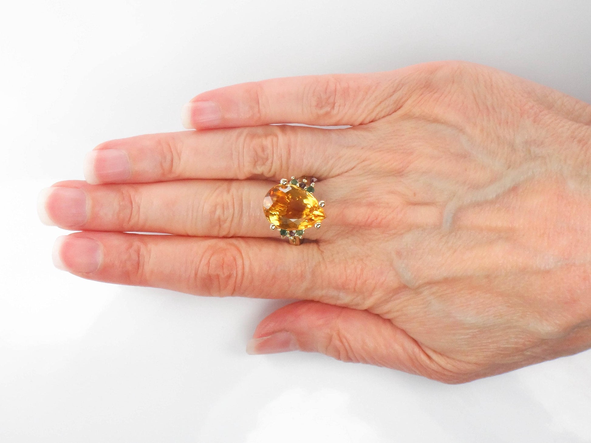 Vintage 14k Yellow Gold Citrine Ring with Emeralds and Rubies, Size 8.25