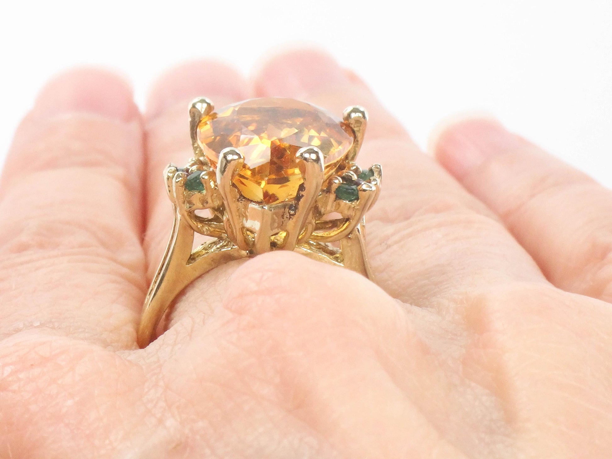 Vintage 14k Yellow Gold Citrine Ring with Emeralds and Rubies, Size 8.25