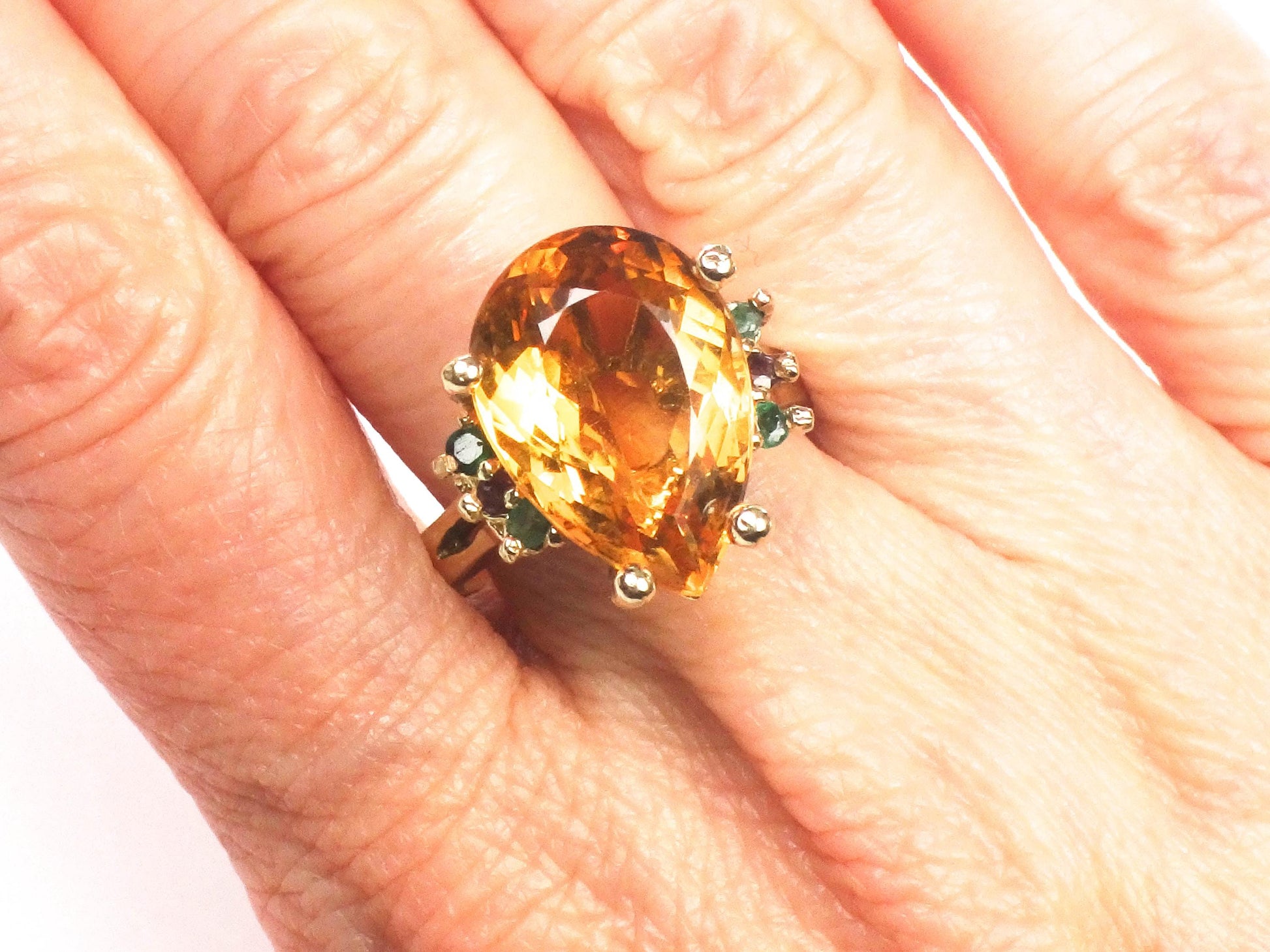 Vintage 14k Yellow Gold Citrine Ring with Emeralds and Rubies, Size 8.25