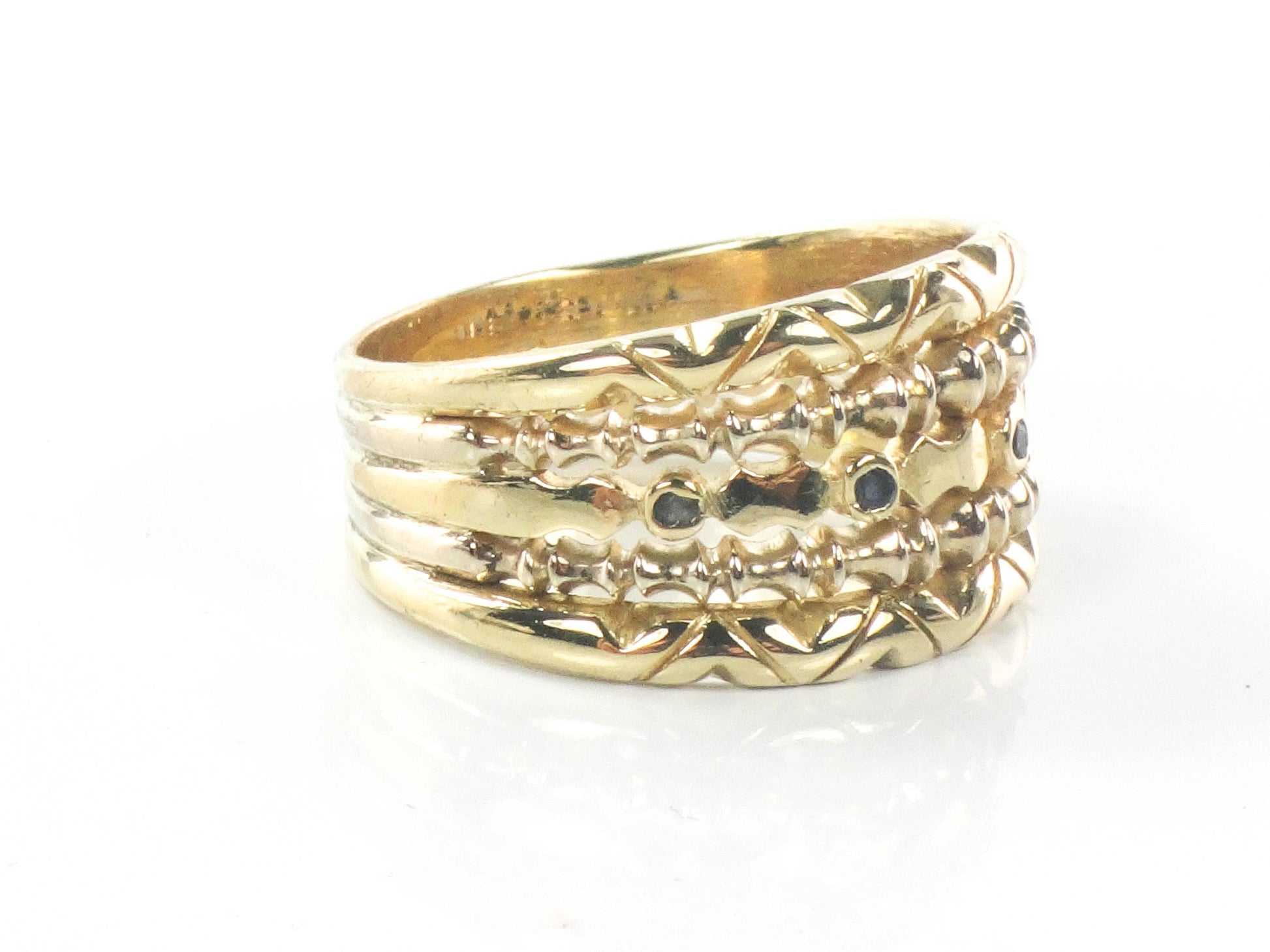 18k Yellow Gold Blue Sapphire Cigar Band Ring - Wide Stacking Multi-Band Style - Size 11.5 - Vintage Fine Jewelry