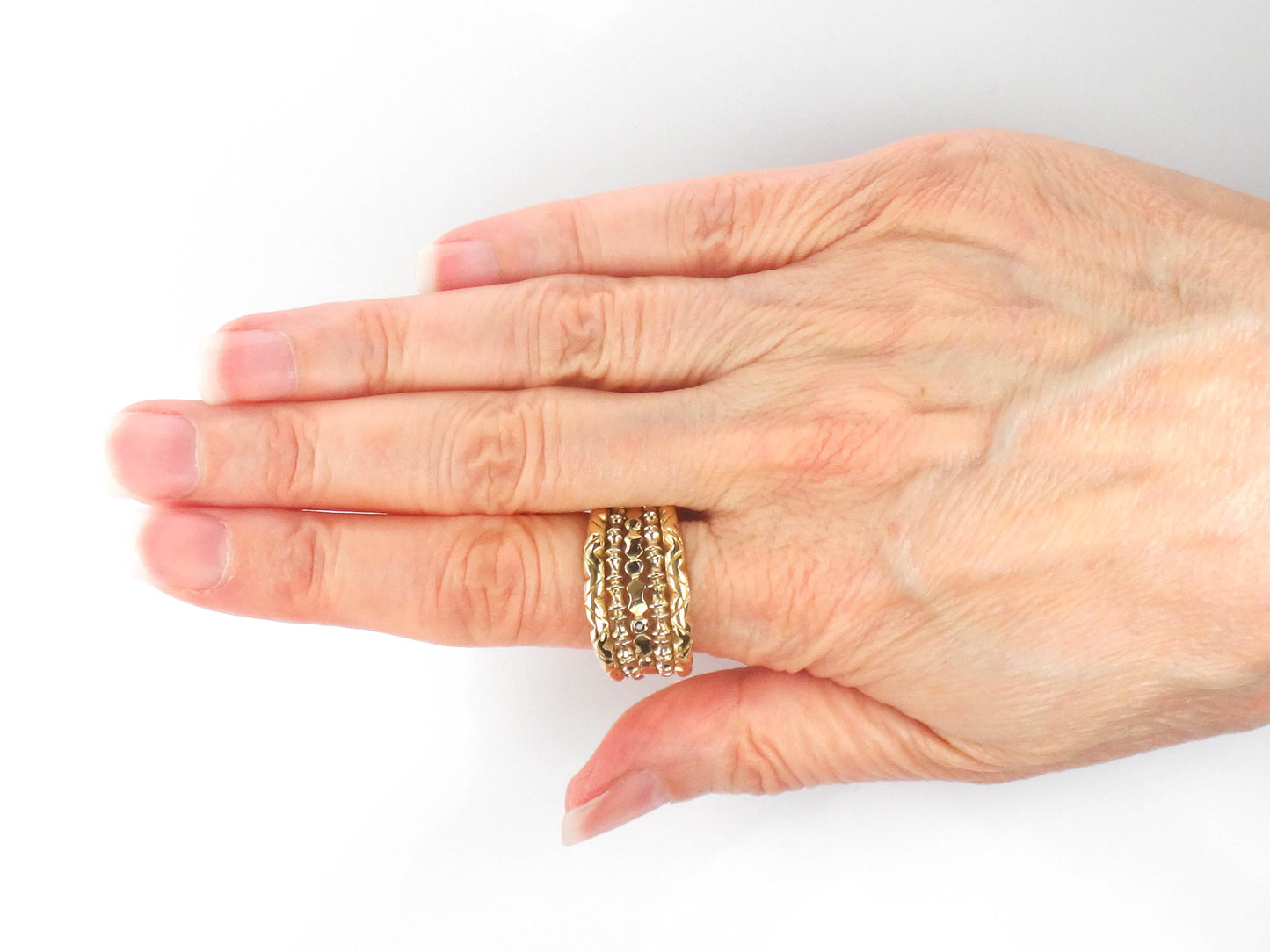 18k Yellow Gold Blue Sapphire Cigar Band Ring - Wide Stacking Multi-Band Style - Size 11.5 - Vintage Fine Jewelry