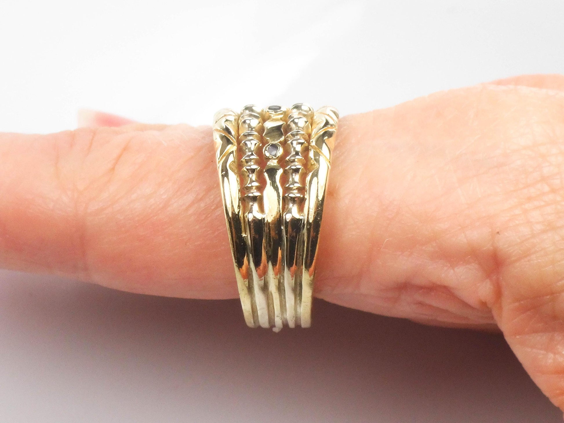 18k Yellow Gold Blue Sapphire Cigar Band Ring - Wide Stacking Multi-Band Style - Size 11.5 - Vintage Fine Jewelry