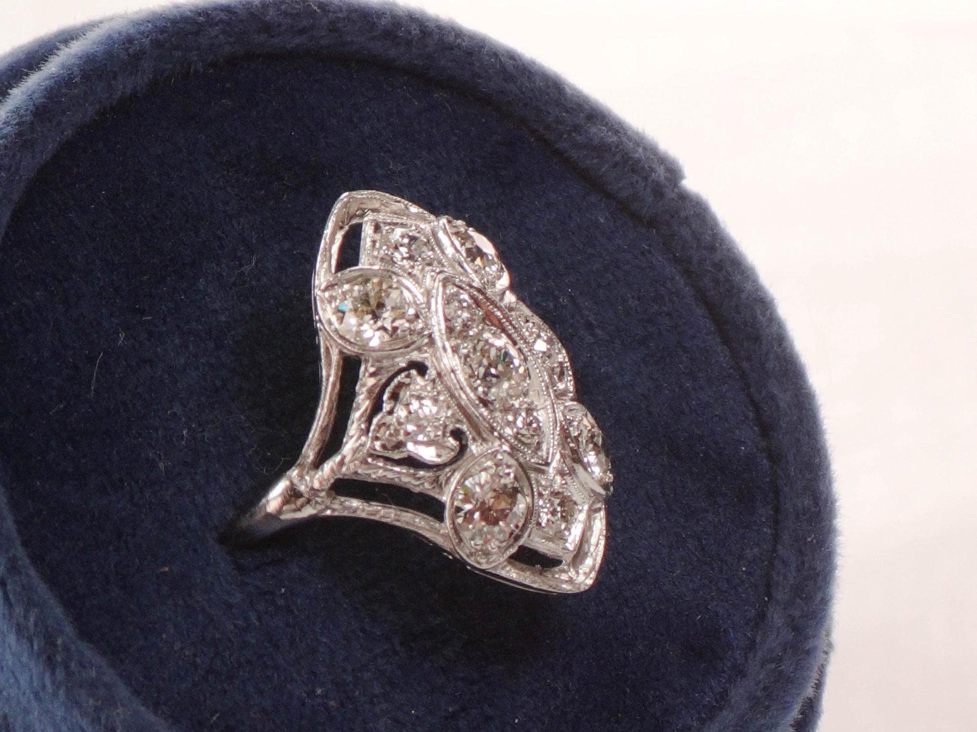 Vintage Art Deco Diamond Cluster Ring: 14k White Gold, Old Mine Cut