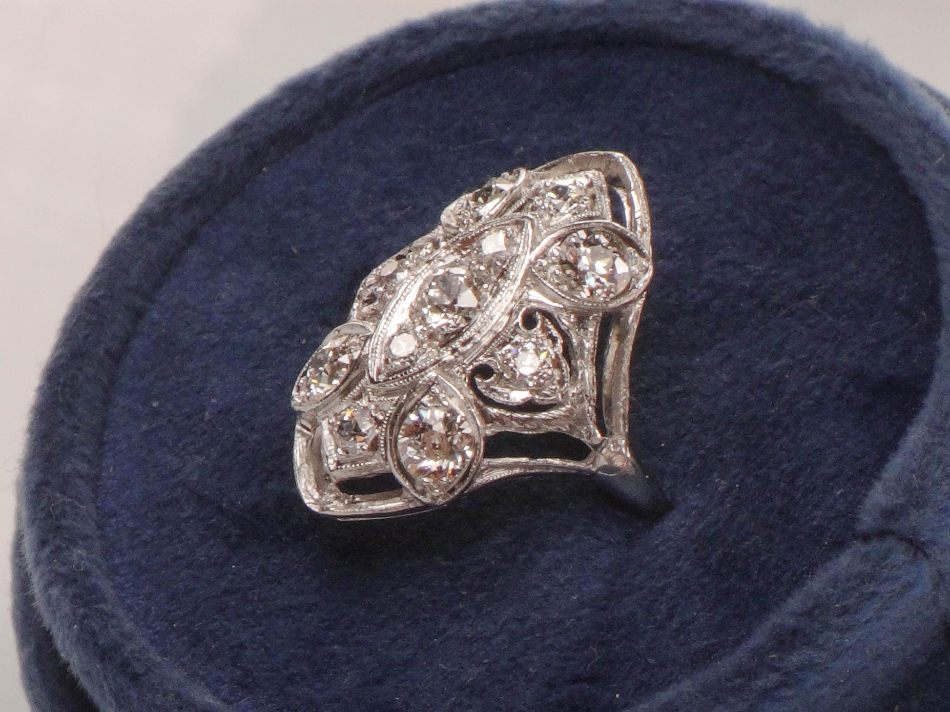 Vintage Art Deco Diamond Cluster Ring: 14k White Gold, Old Mine Cut