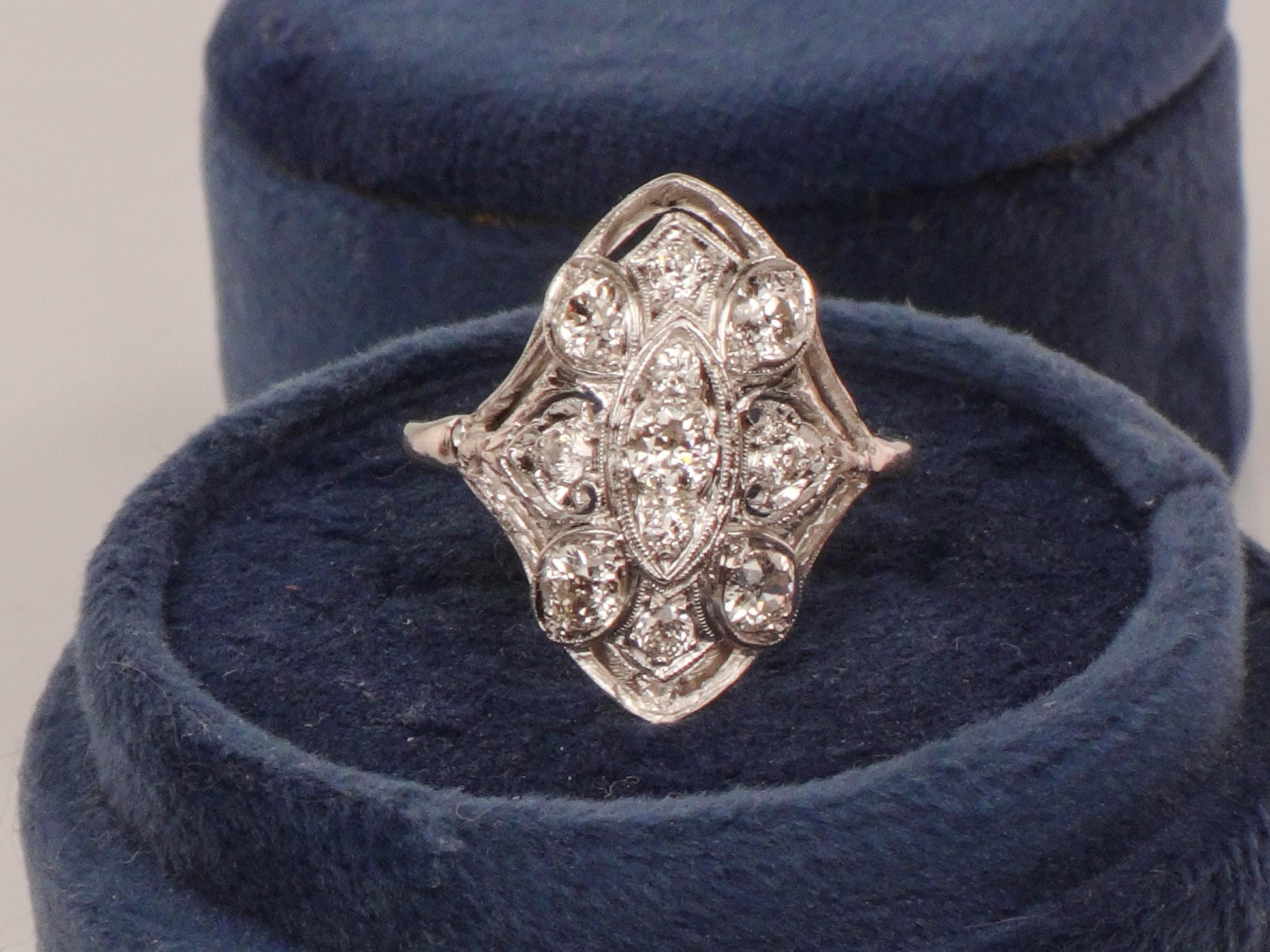 Vintage Art Deco Diamond Cluster Ring: 14k White Gold, Old Mine Cut