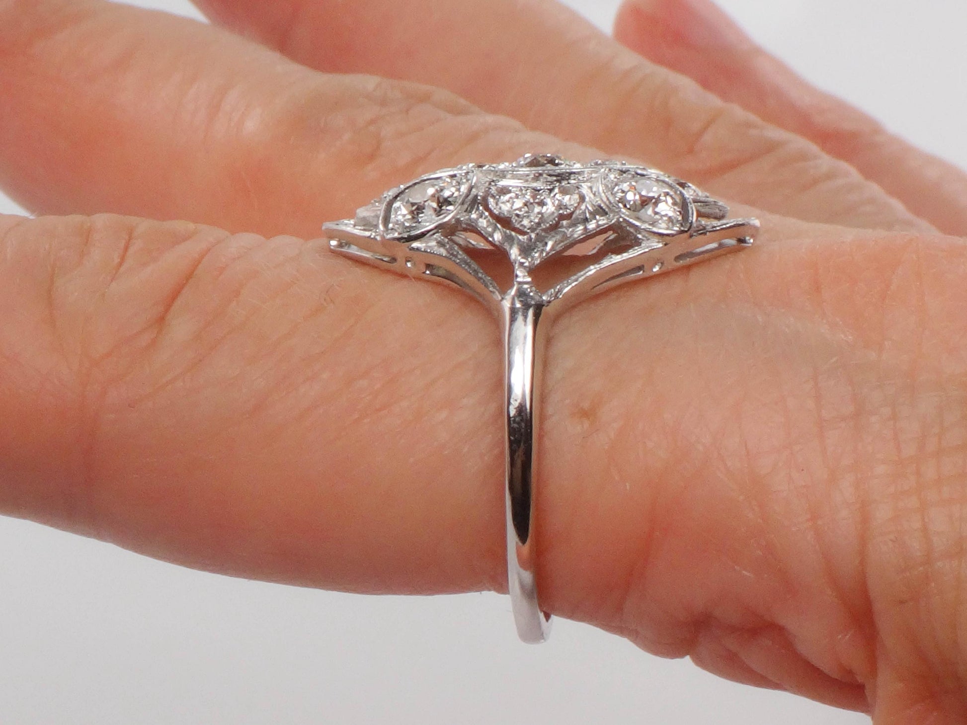 Vintage Art Deco Diamond Cluster Ring: 14k White Gold, Old Mine Cut