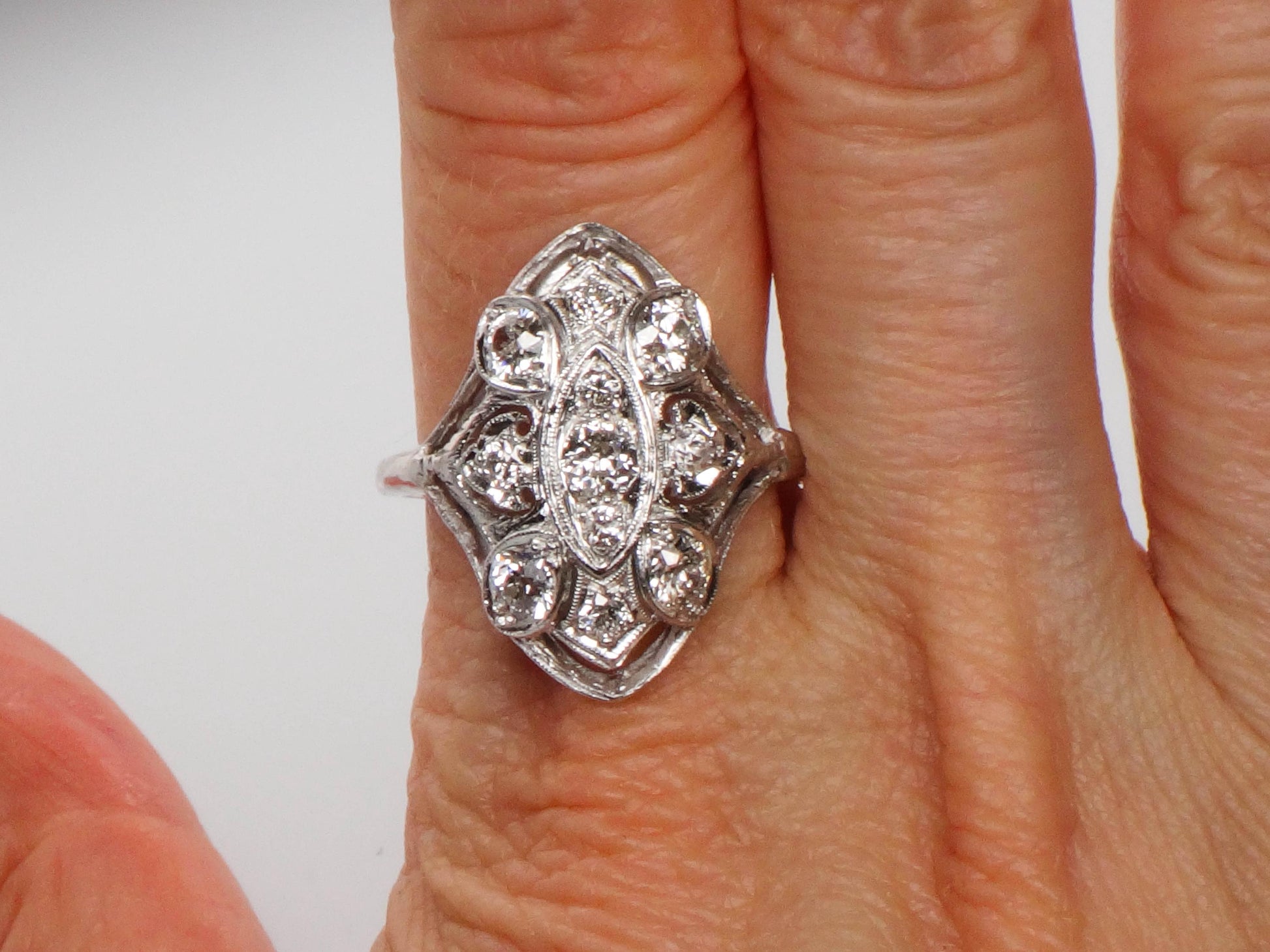 Vintage Art Deco Diamond Cluster Ring: 14k White Gold, Old Mine Cut