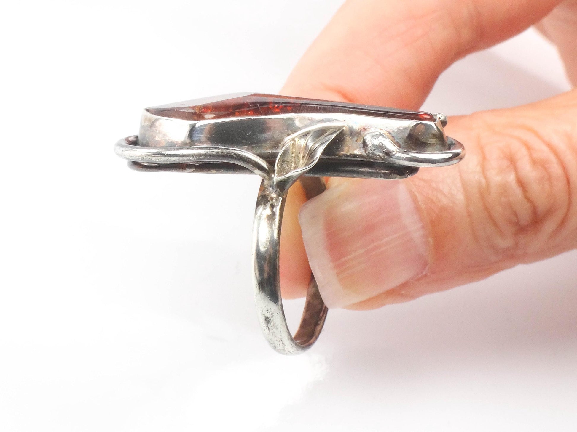 Large Sterling Silver Amber Ring - Size 9.25 - Vintage Freeform Shaped Fine Jewelry - Circa 1960's