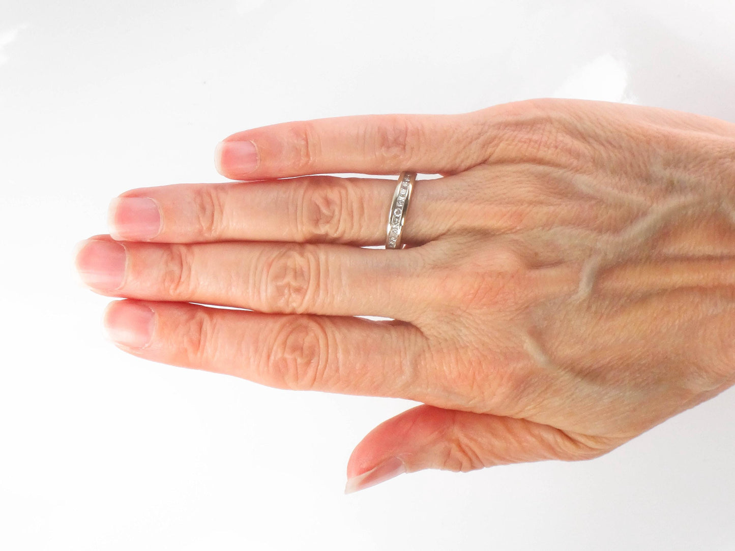 Vintage 14k White Gold Diamond Wedding Band - Channel Set Ring, Size 7