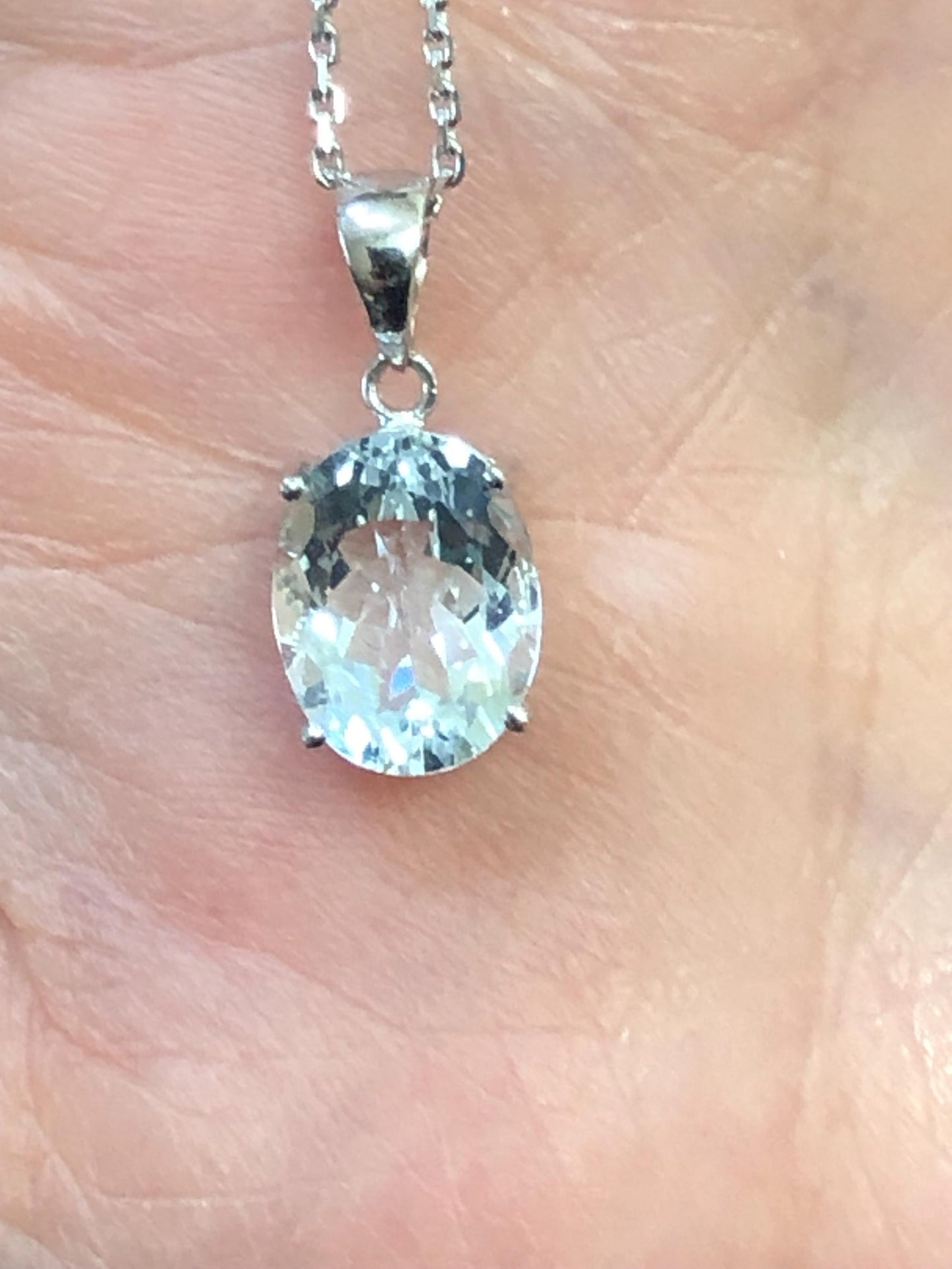 Vintage 14k White Gold Pale Blue Aquamarine Drop Necklace Oval Pendant March Birthstone