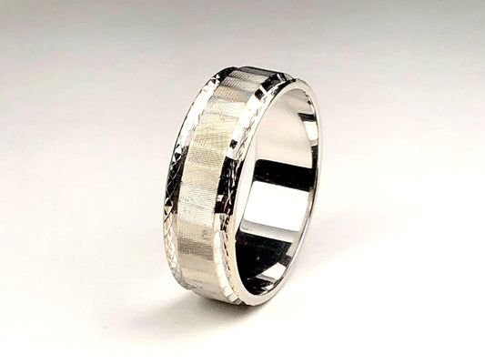 MVintage 14k White Gold JR Wood & Sons ArtCarved Wedding Band 6.8 mm Size 9.  A wedding band with a textured, patterned design.