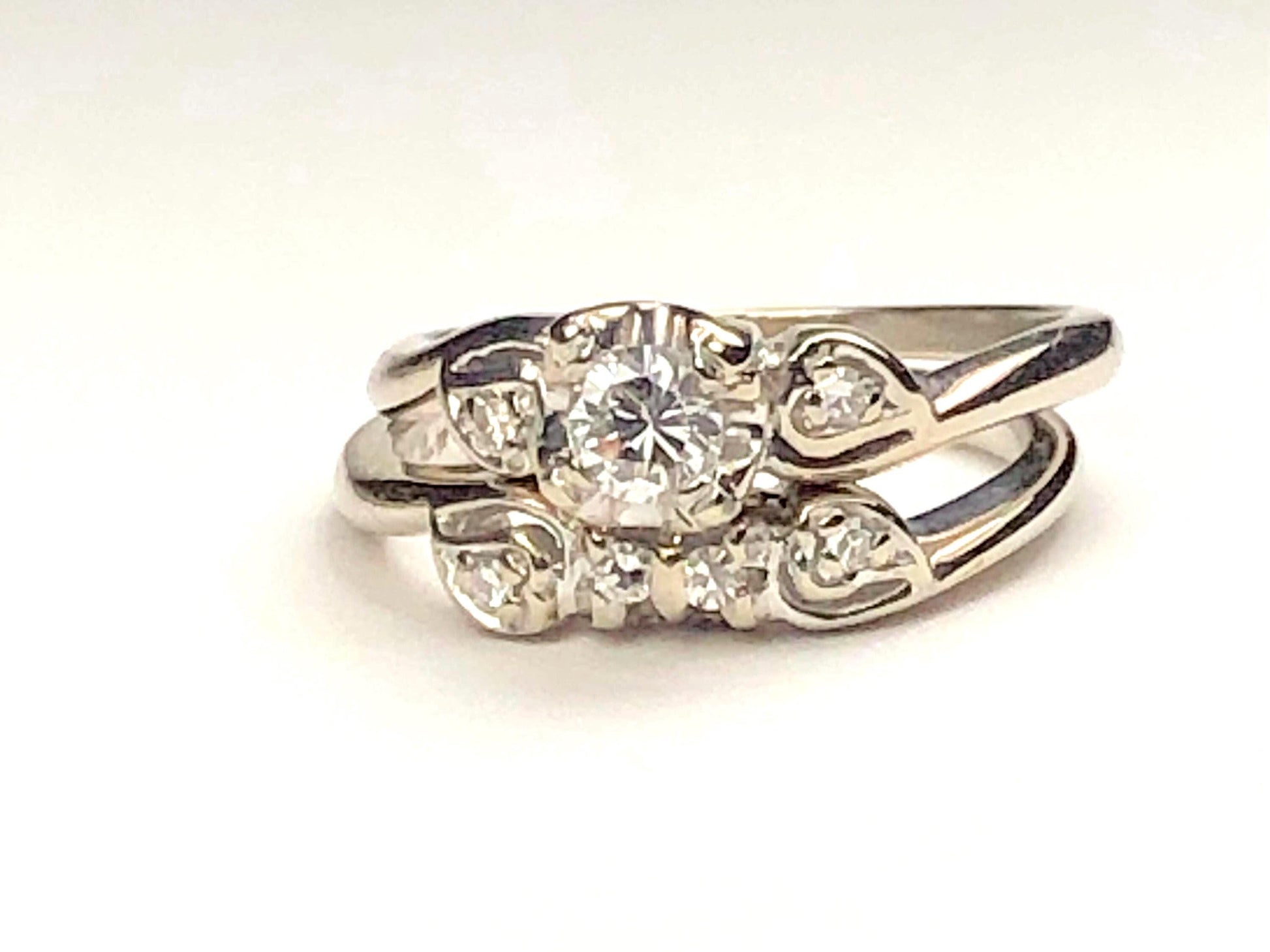 Vintage 14k White Gold Natural Diamond Engagement Ring Set, Diamond Engagement Ring with Matching Diamond Wedding Band