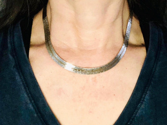 Vintage Two Tone Necklace: 14k Gold & Sterling Silver Flat Link Collar