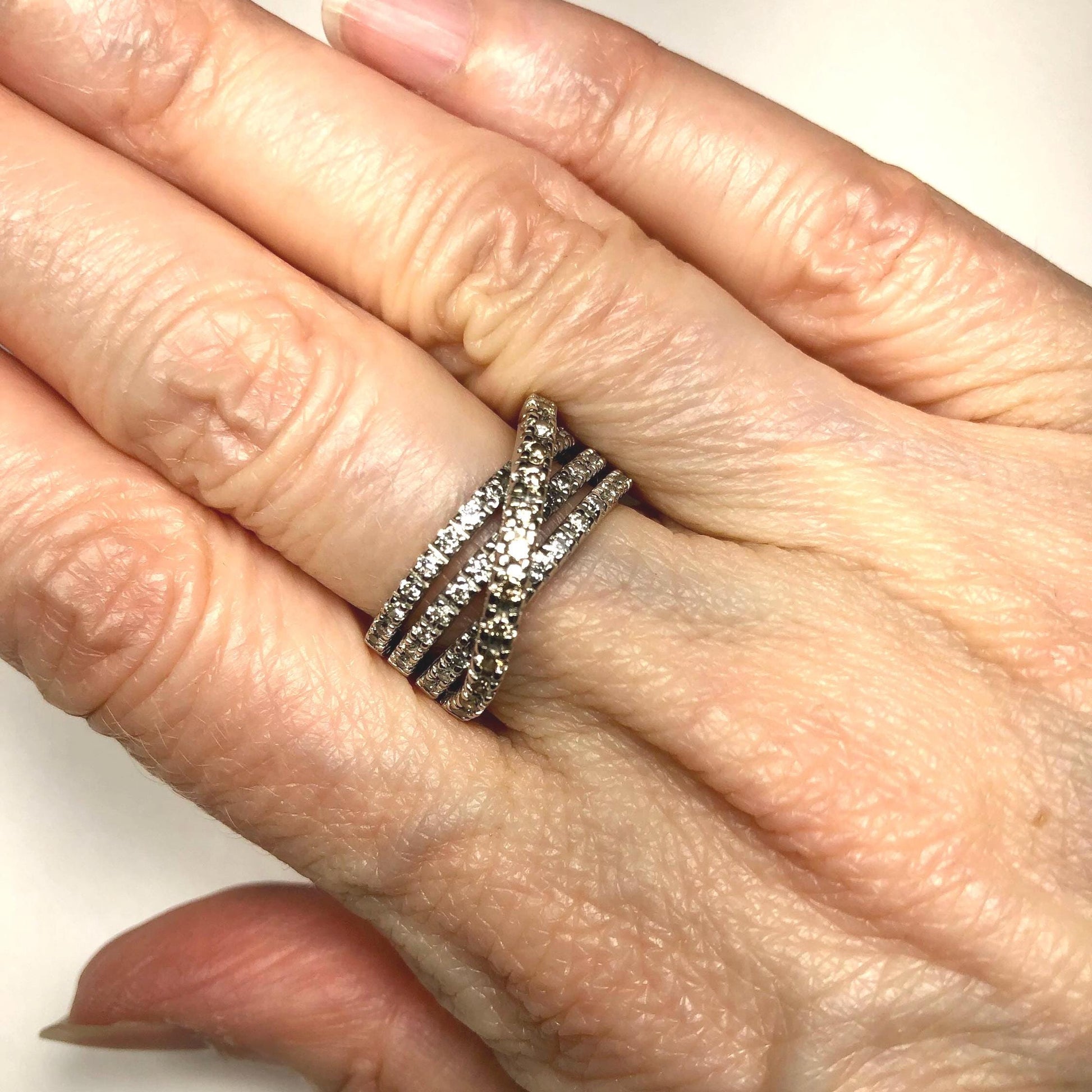 Vintage 14k White Gold Diamond Band Ring: Multi Row, Size 5.5