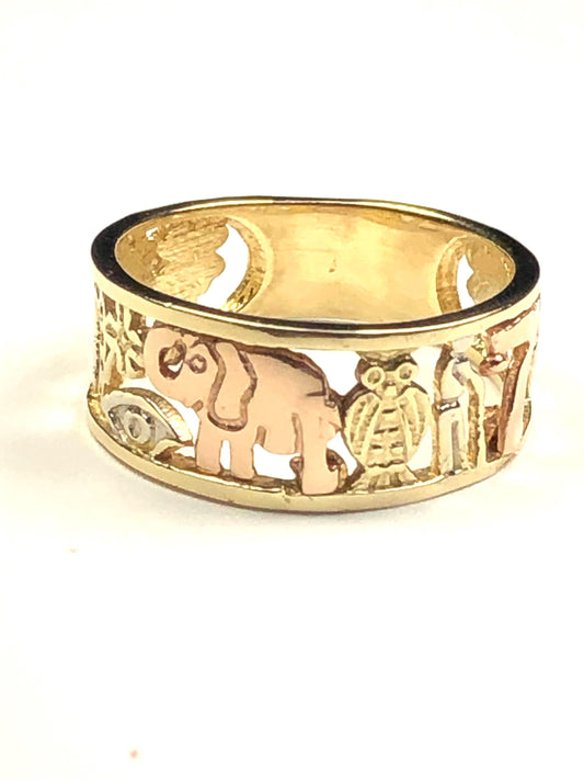 Vintage 14k Tri-Color Gold Good Luck Ring: Clover, Elephant, Horseshoe, Owl - Size 7.25