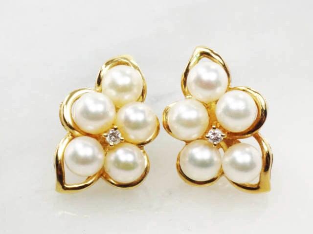Vintage Large 14k Yellow Gold Cultured Pearl and Diamond Stud Earrings Bridal Earrings