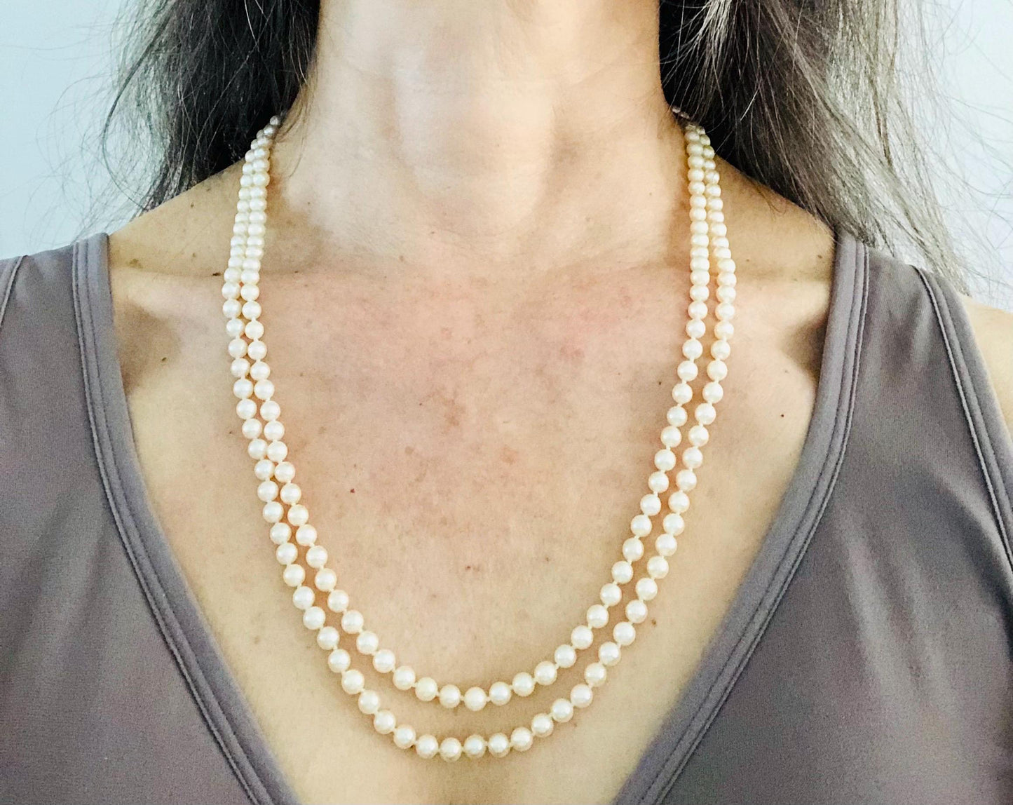 Vintage 14k Gold Double Strand Saltwater Cultured Pearl Necklace, 5 MM Pearl Bridal Necklace 23"
