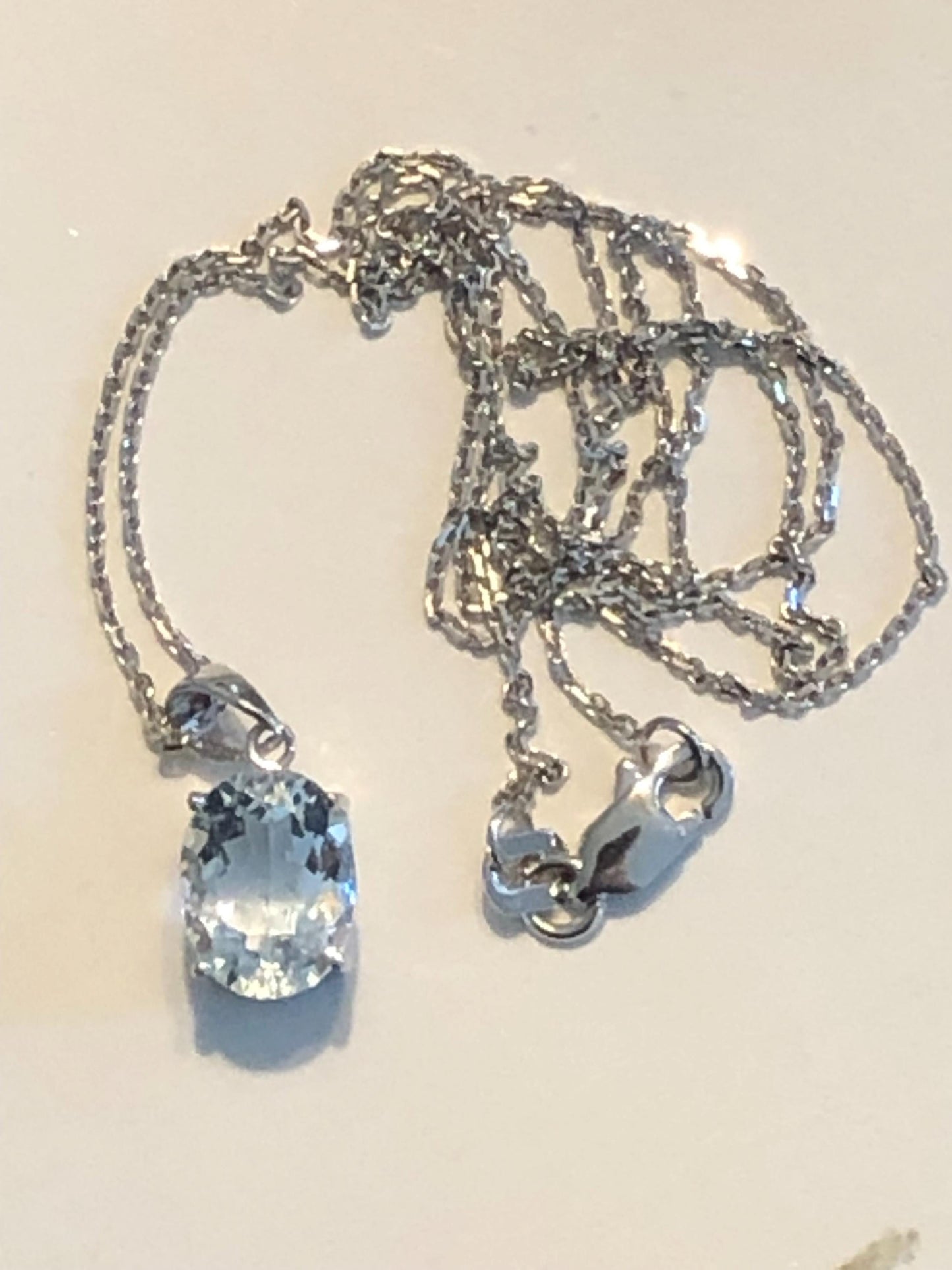 Vintage 14k White Gold Pale Blue Aquamarine Drop Necklace Oval Pendant March Birthstone