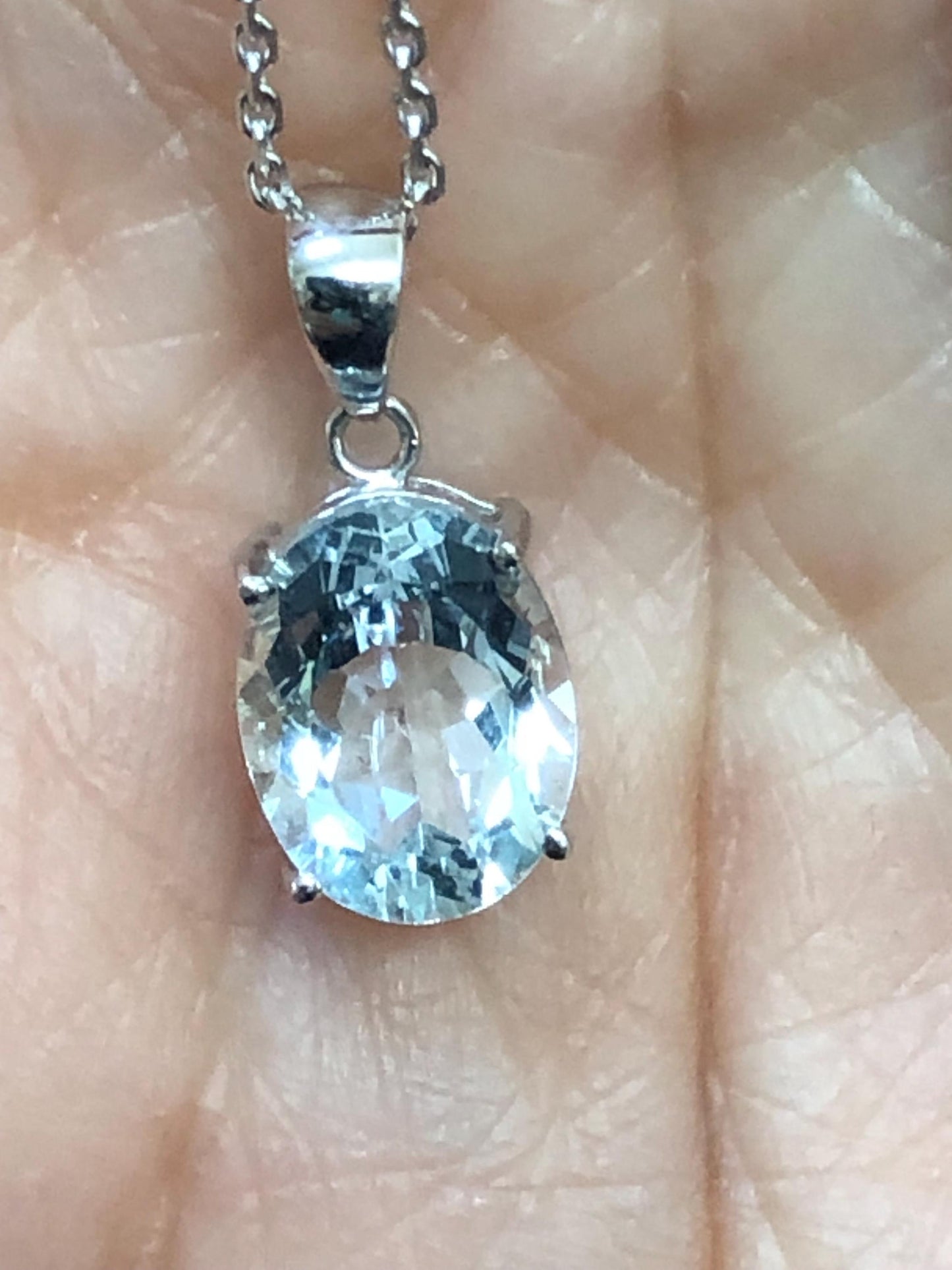Vintage 14k White Gold Pale Blue Aquamarine Drop Necklace Oval Pendant March Birthstone