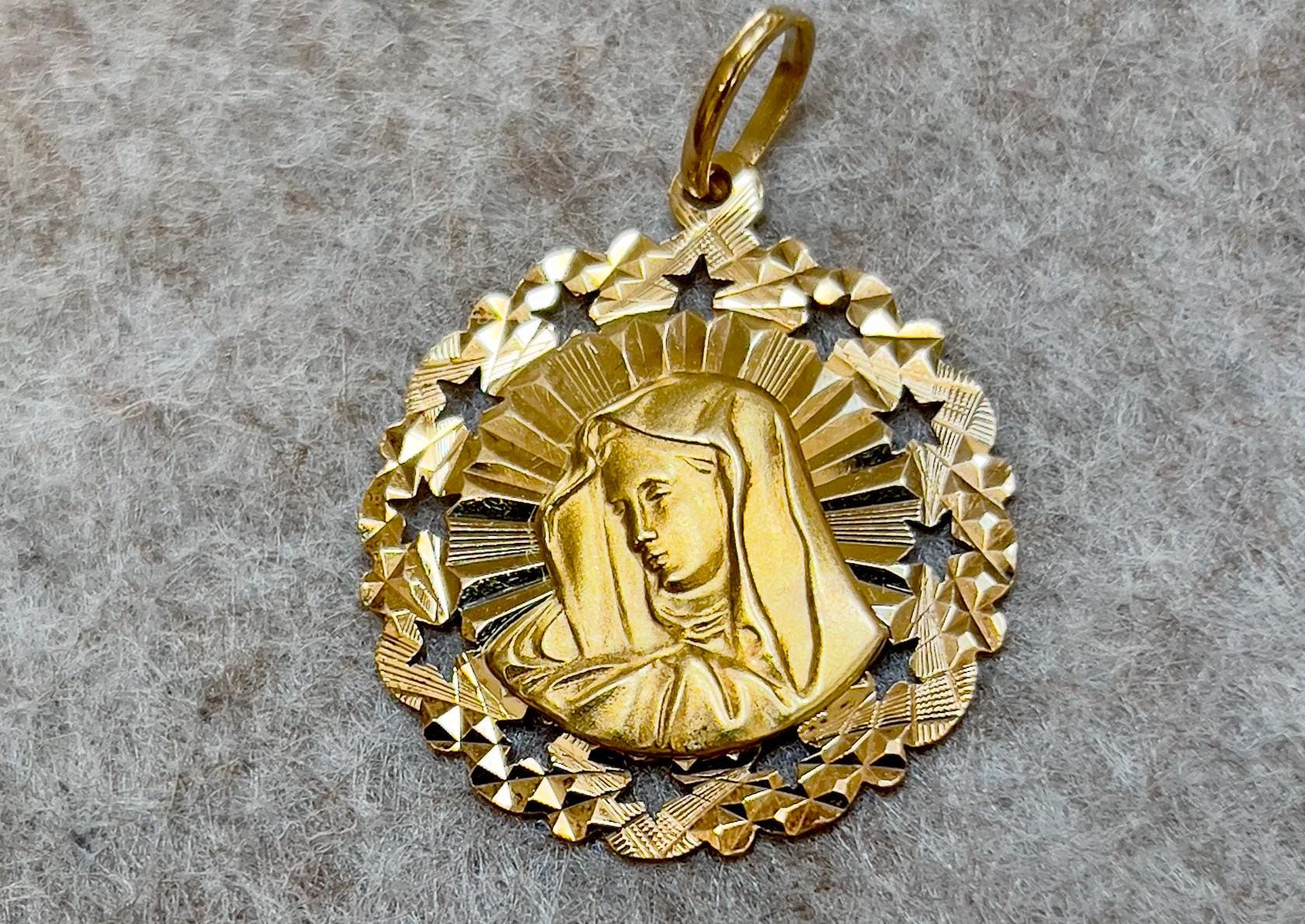 Vintage 18k Gold Virgin Mary Medal, Mother Mary Pendant, Catholic Religious Charm