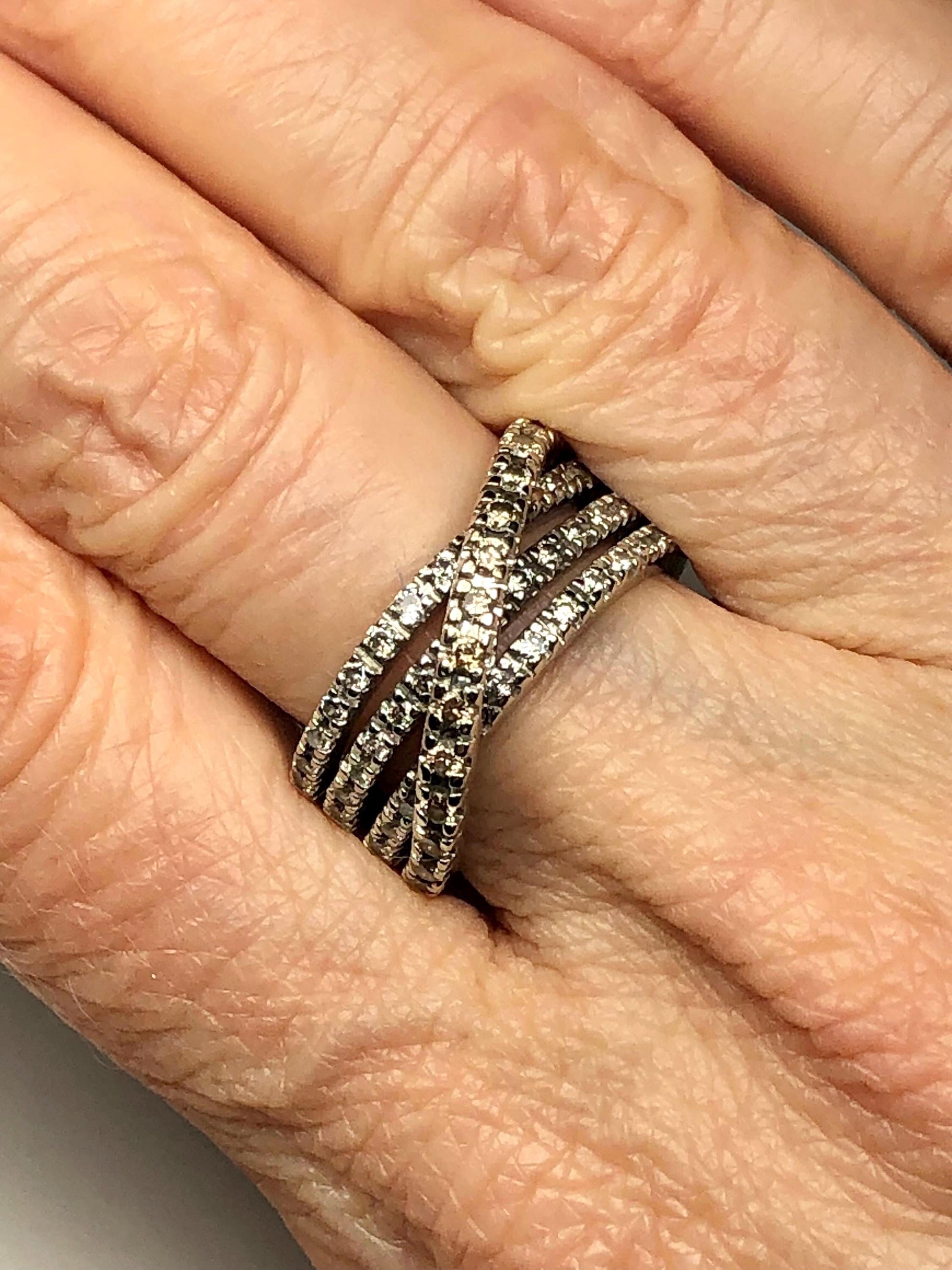Vintage 14k White Gold Diamond Band Ring: Multi Row, Size 5.5
