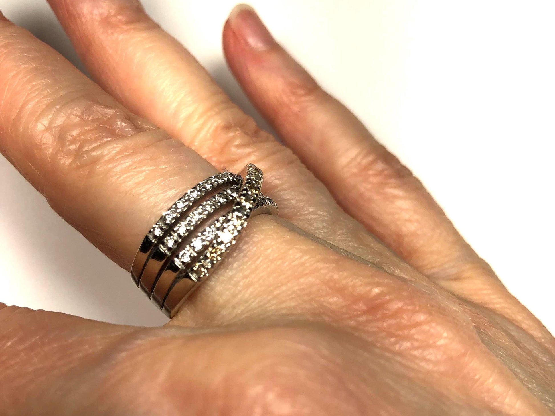 Vintage 14k White Gold Diamond Band Ring: Multi Row, Size 5.5