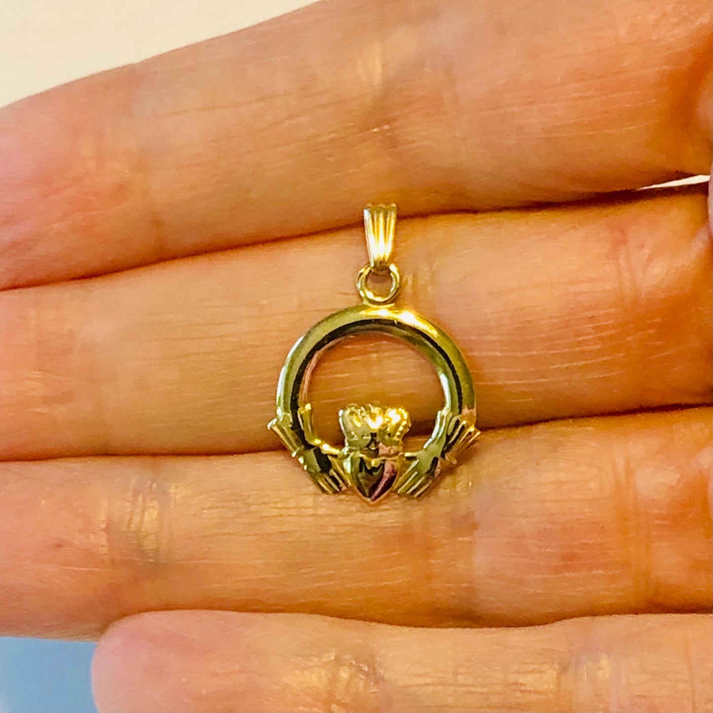 Vintage Solid 9k Yellow Gold Claddagh Pendant, Small Irish Claddagh Charm