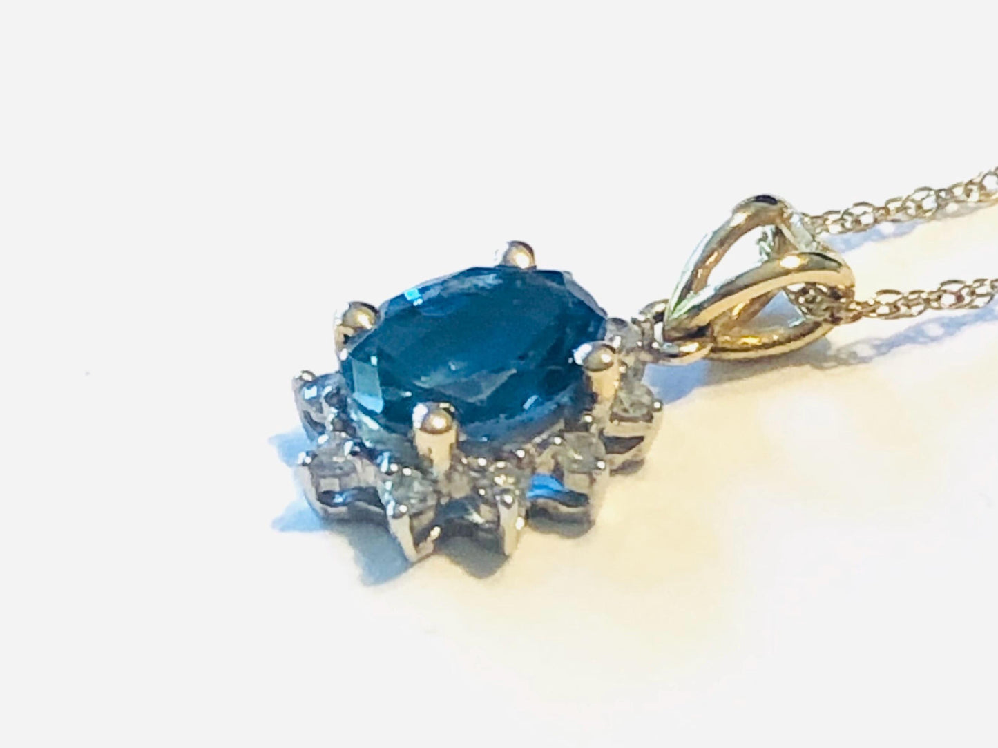 Vintage 14k Blue Topaz and Diamond Necklace, Oval Cut Topaz Pendant, December Birthstone