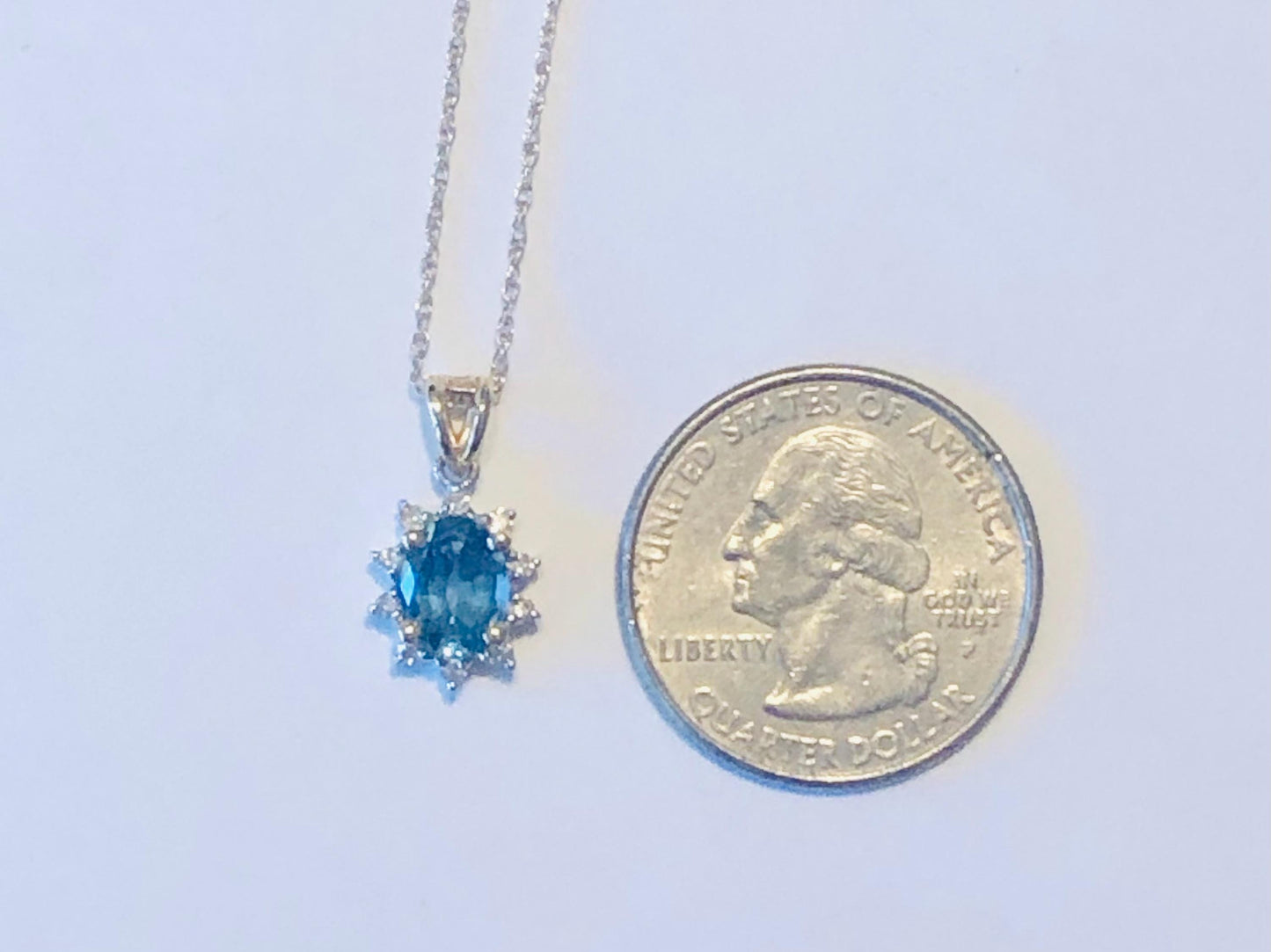 Vintage 14k Blue Topaz and Diamond Necklace, Oval Cut Topaz Pendant, December Birthstone