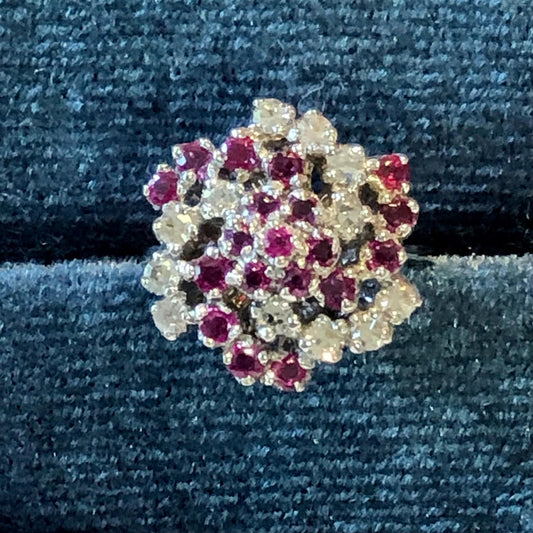 Vintage 14k White Gold Ruby and Diamond Swirl Ring, Cluster Cocktail Ring, Size 4.5