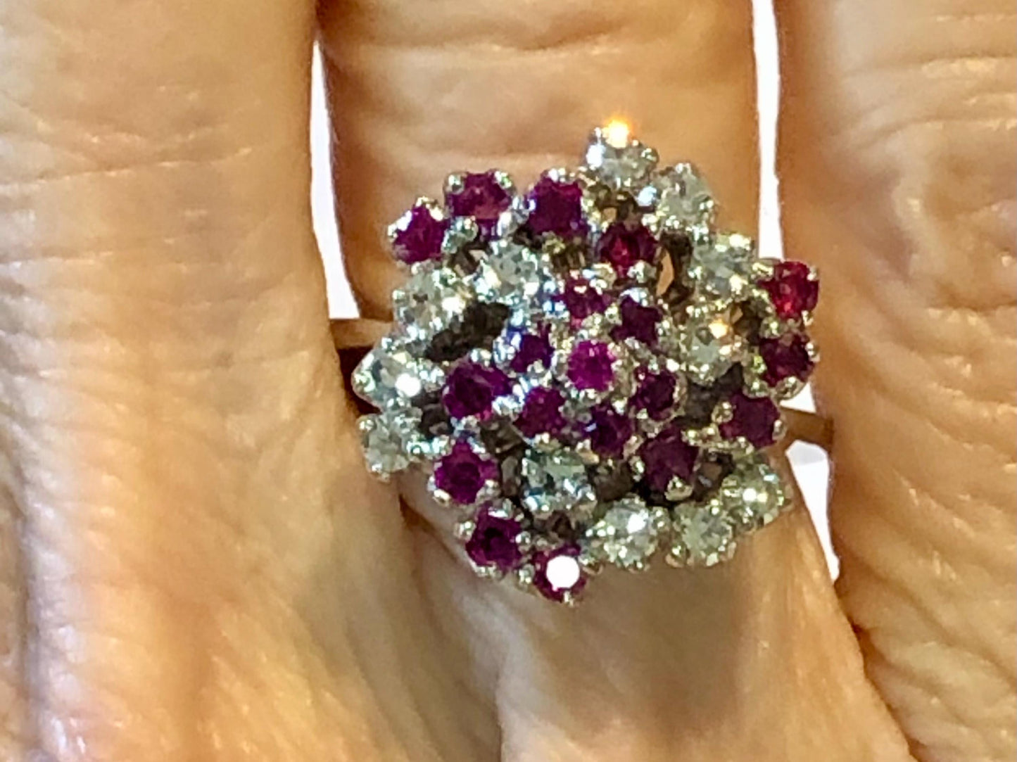 Vintage 14k White Gold Ruby and Diamond Swirl Ring, Cluster Cocktail Ring, Size 4.5