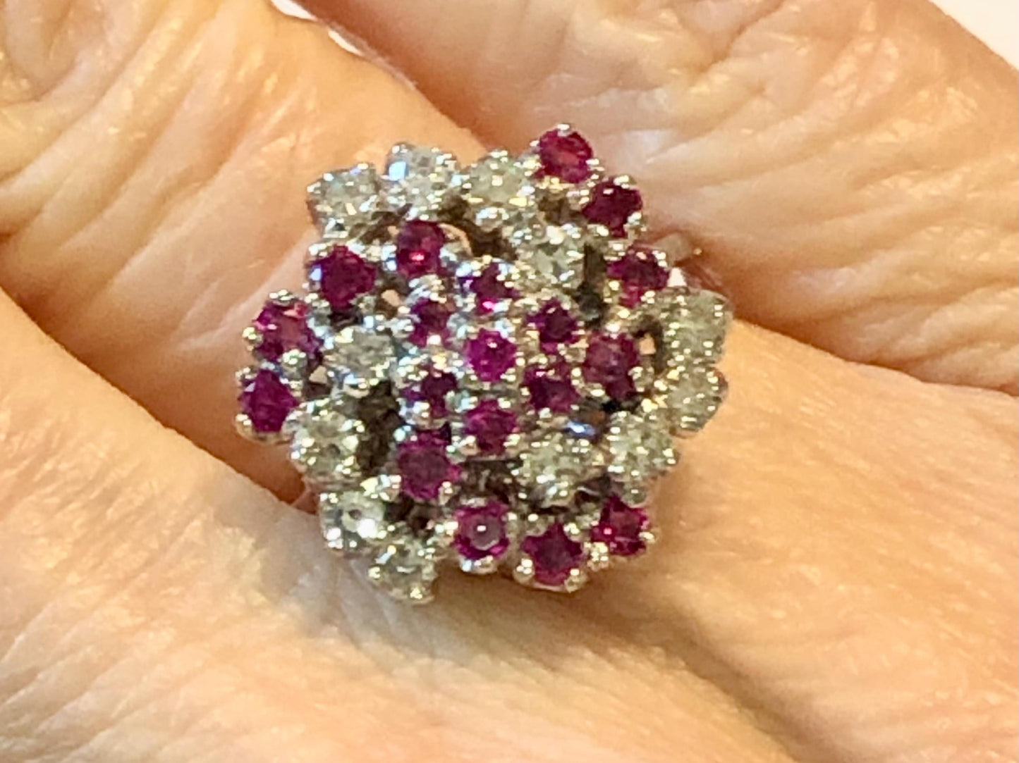 Vintage 14k White Gold Ruby and Diamond Swirl Ring, Cluster Cocktail Ring, Size 4.5