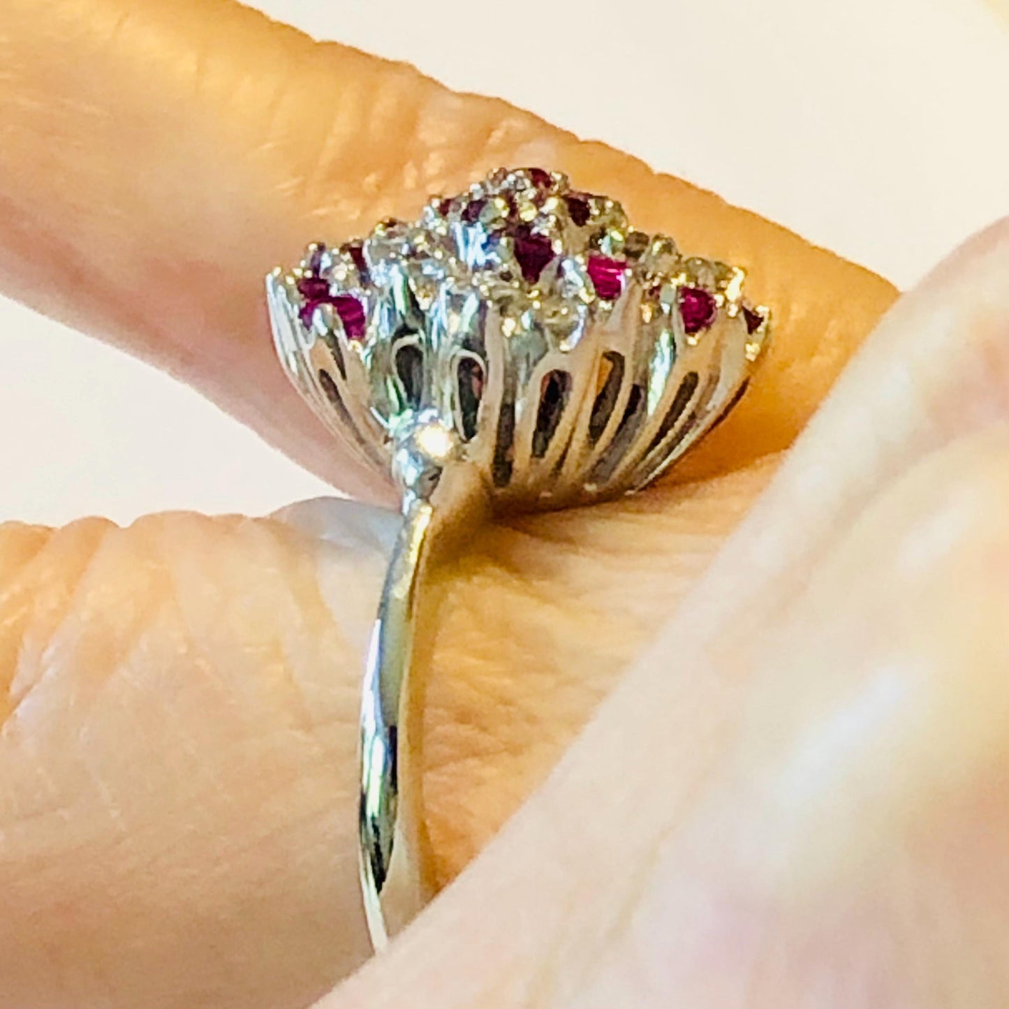 Vintage 14k White Gold Ruby and Diamond Swirl Ring, Cluster Cocktail Ring, Size 4.5