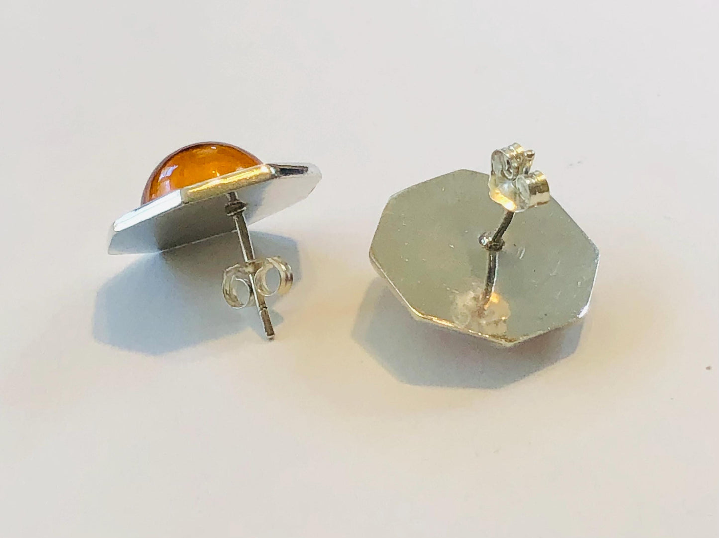 Vintage Sterling Silver Octagon Shaped Amber Stud Earrings - 925 Studs