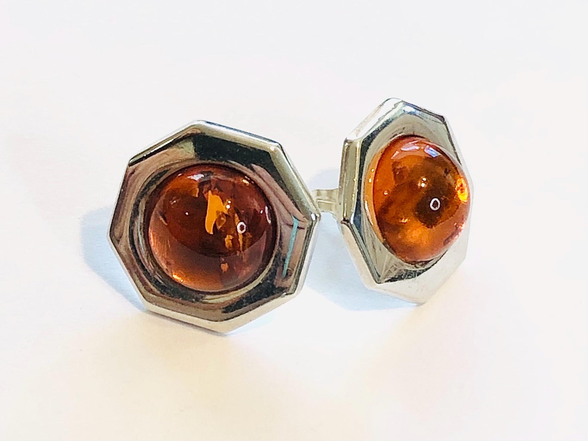 Vintage Sterling Silver Octagon Shaped Amber Stud Earrings - 925 Studs