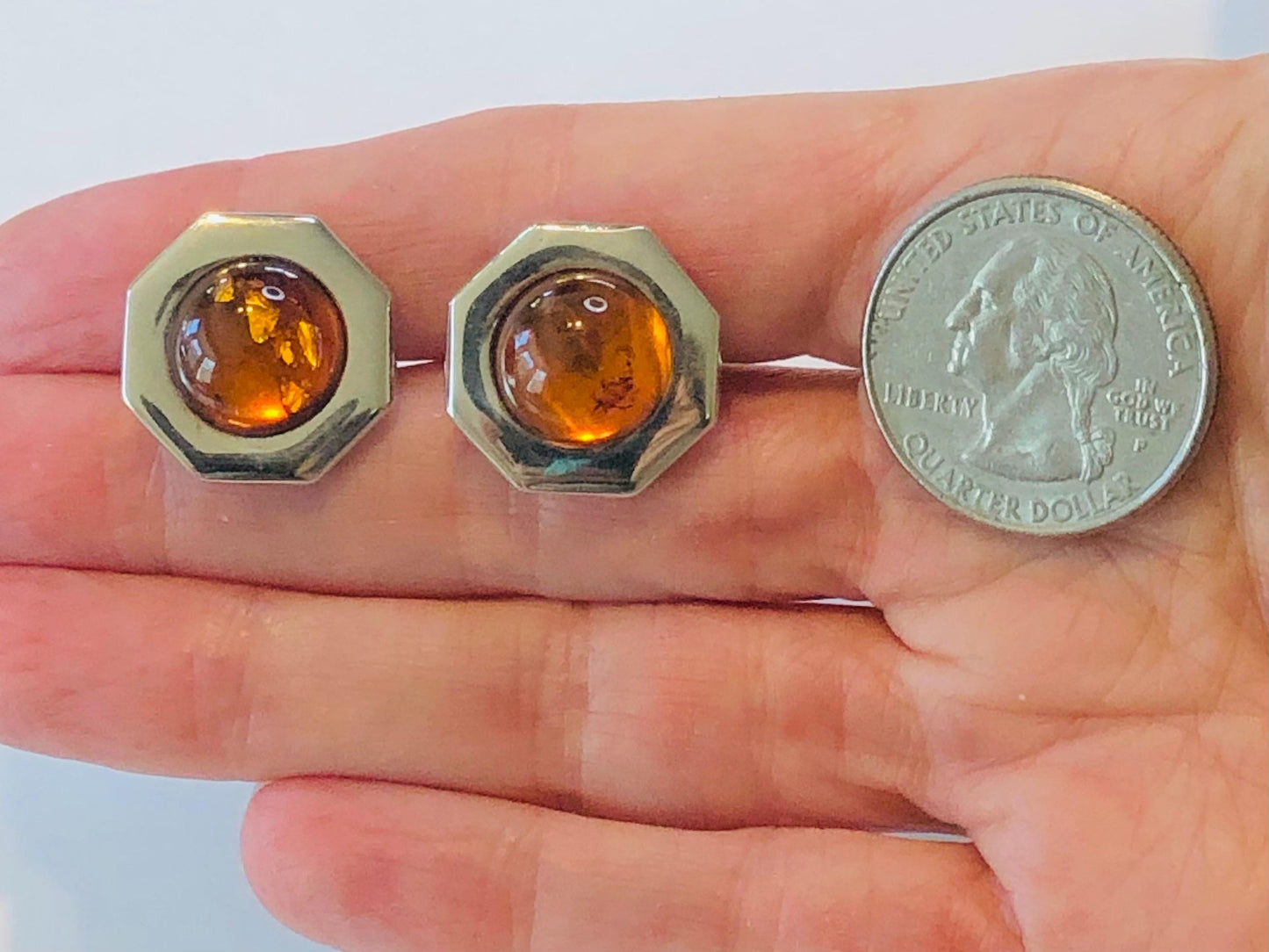 Vintage Sterling Silver Octagon Shaped Amber Stud Earrings - 925 Studs