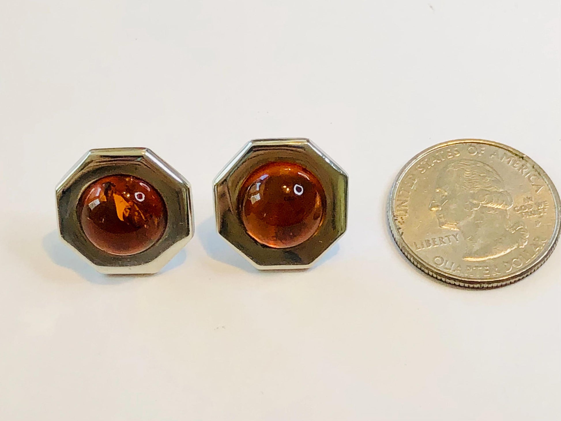 Vintage Sterling Silver Octagon Shaped Amber Stud Earrings - 925 Studs