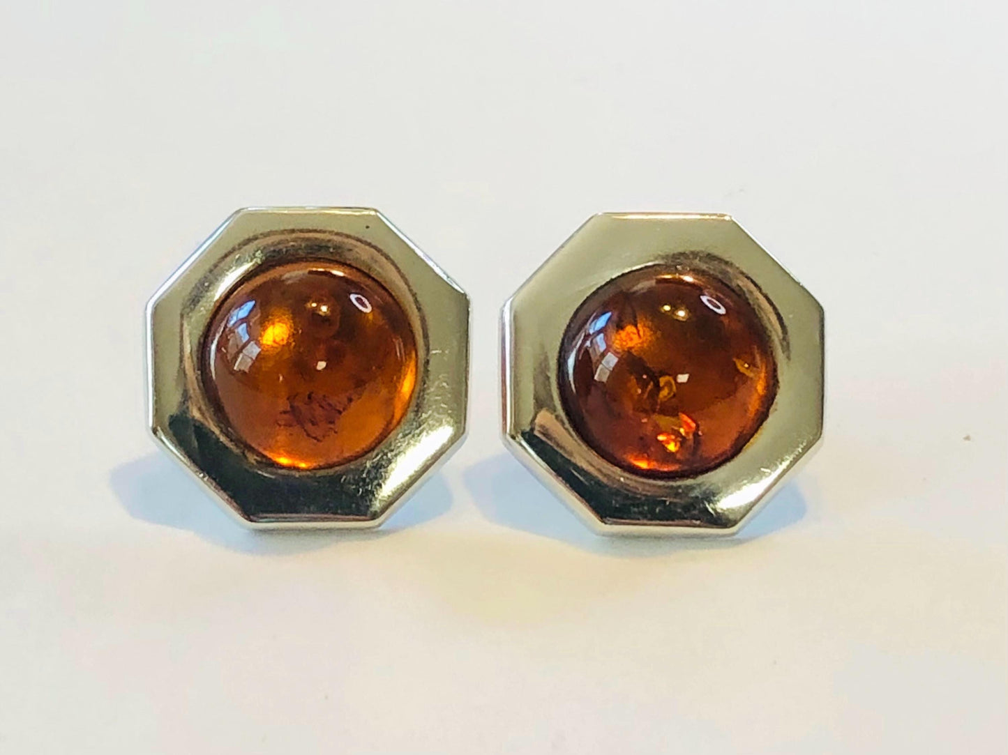 Vintage Sterling Silver Octagon Shaped Amber Stud Earrings - 925 Studs