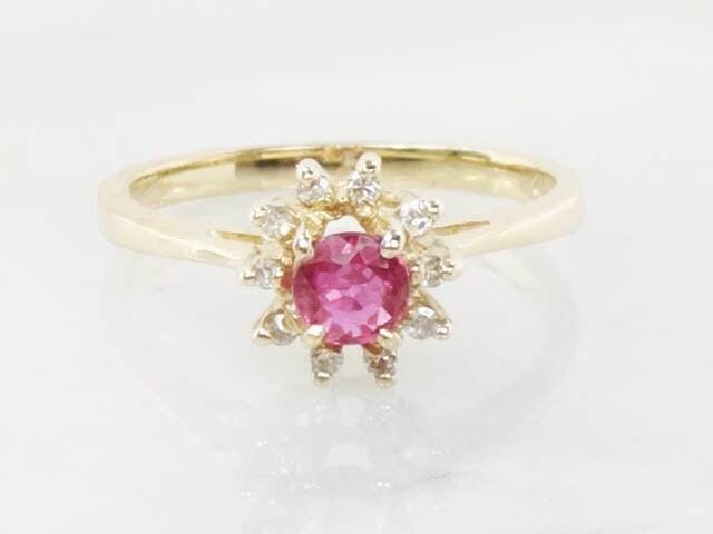 Vintage 10k Gold Ruby Diamond Halo Ring - July Birthstone, Size 6
