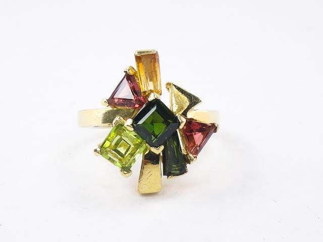 Vintage 18k Modern Multi-Colored Gemstone Cluster Ring, Italian Gold Tourmaline Citrine & Peridot Ring, Size 7