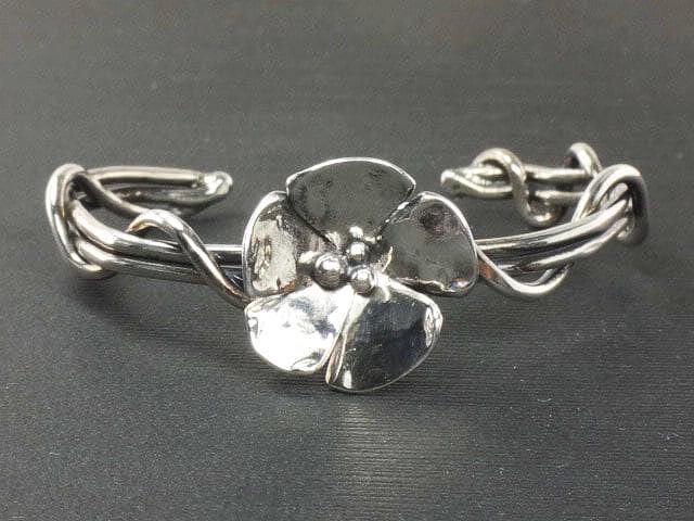 Vintage Sterling Silver Floral Cuff Bracelet Signed Dogwood Flower Twist Bracelet