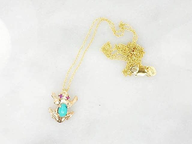 Vintage 14k Gold Turquoise and Ruby Frog Necklace, Tiny Jeweled Frog Pendant on 18" Chain