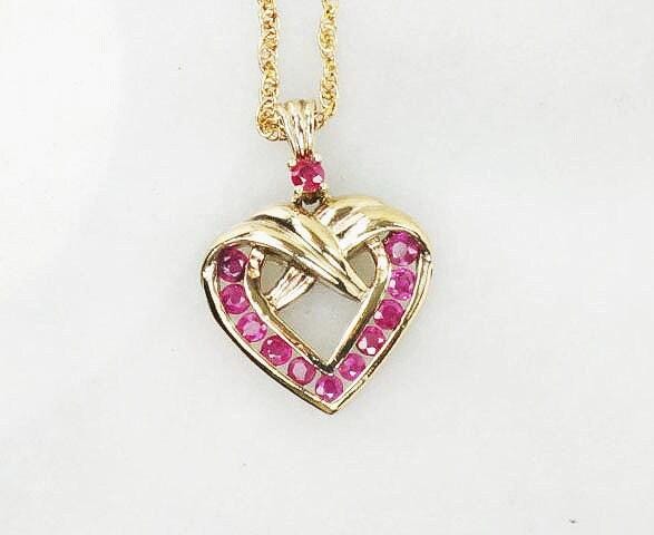 Vintage Vermeil Ruby Heart Necklace, Gold Plated Sterling Silver Pendant Chain 19"