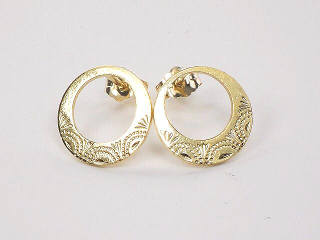 Vintage 18k Yellow Gold Engraved Stud Earrings ,Solid Gold Circle Earrings, Disc Studs with Post Backs