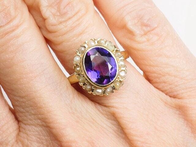 Vintage 14k Yellow Gold Purple Sapphire and Pearl Halo Ring Size 4.5
