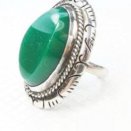 Vintage Sterling Silver Green Glass Ring - Mexico Size 7